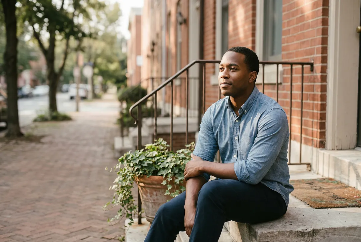 Man sitting on front steps of a townhome in morning sunlight
