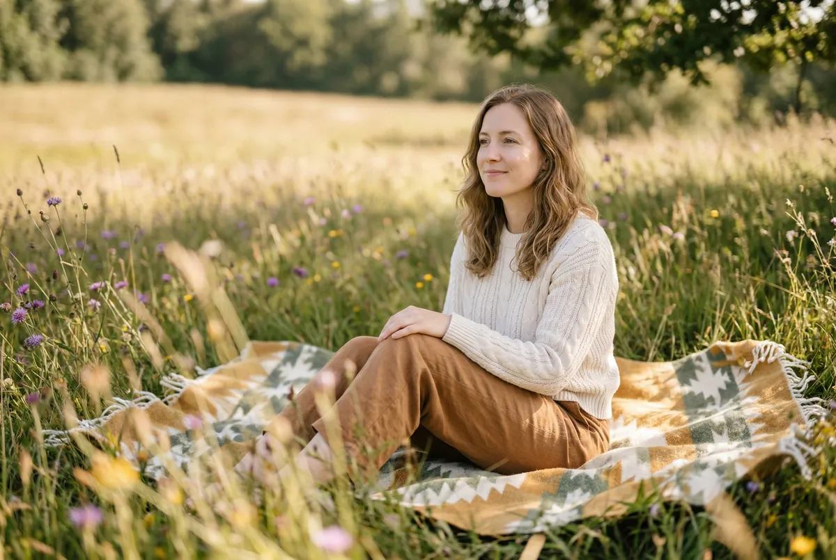Woman sitting peacefully on a blanket in a sunlit meadow with wildflowers