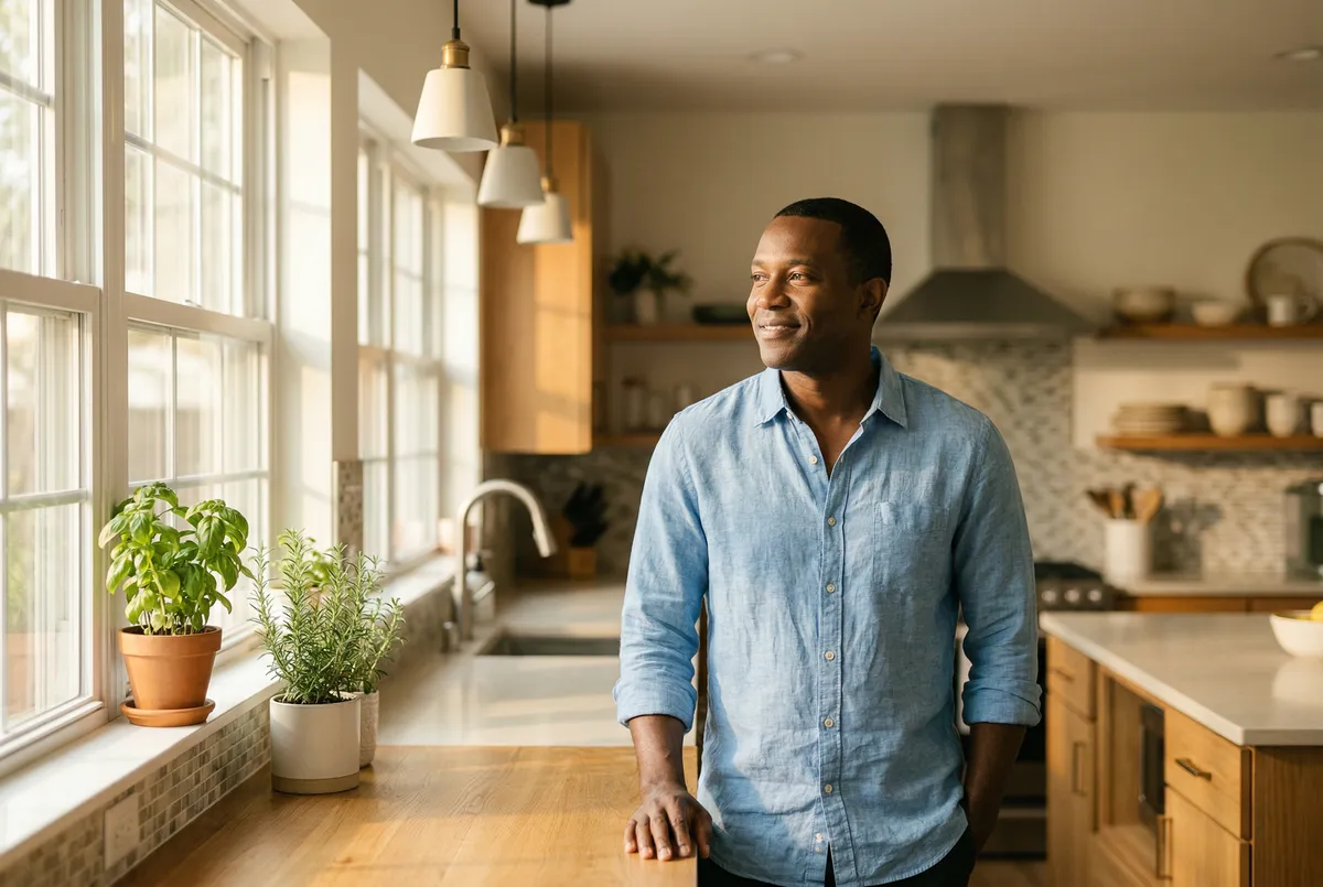 Man standing in a bright kitchen with morning sunlight