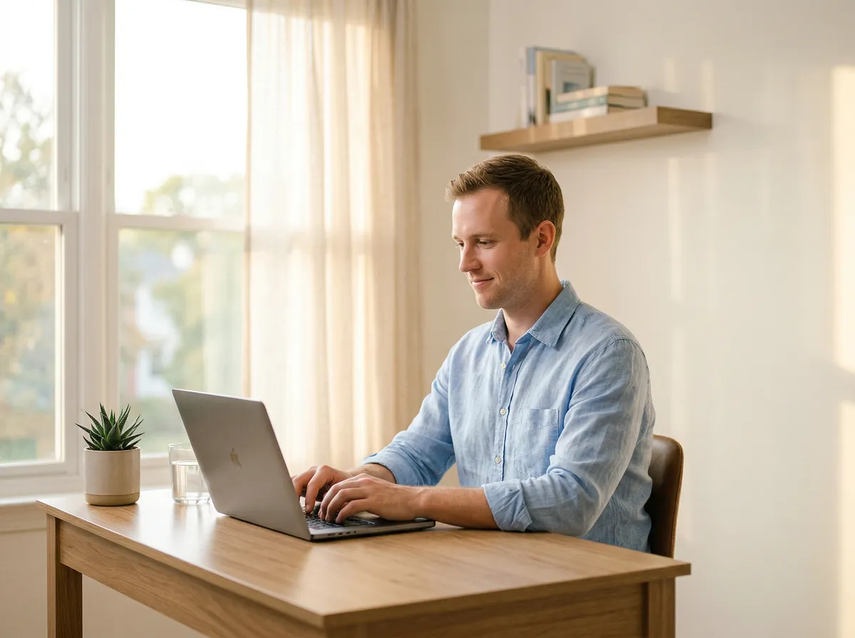 Man working at an organized desk in a bright home office