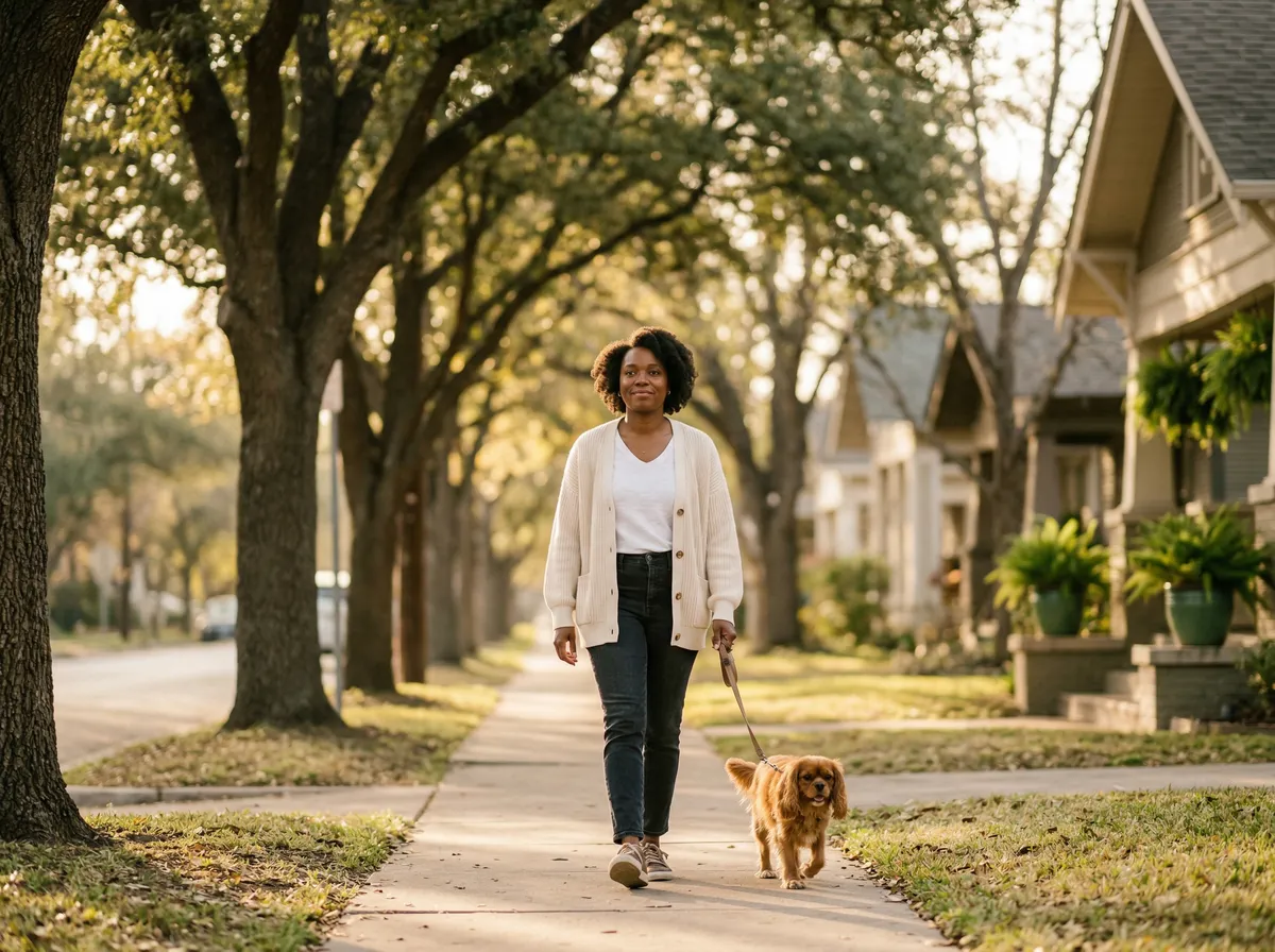 Woman walking a dog on a quiet tree-lined neighborhood street in morning light