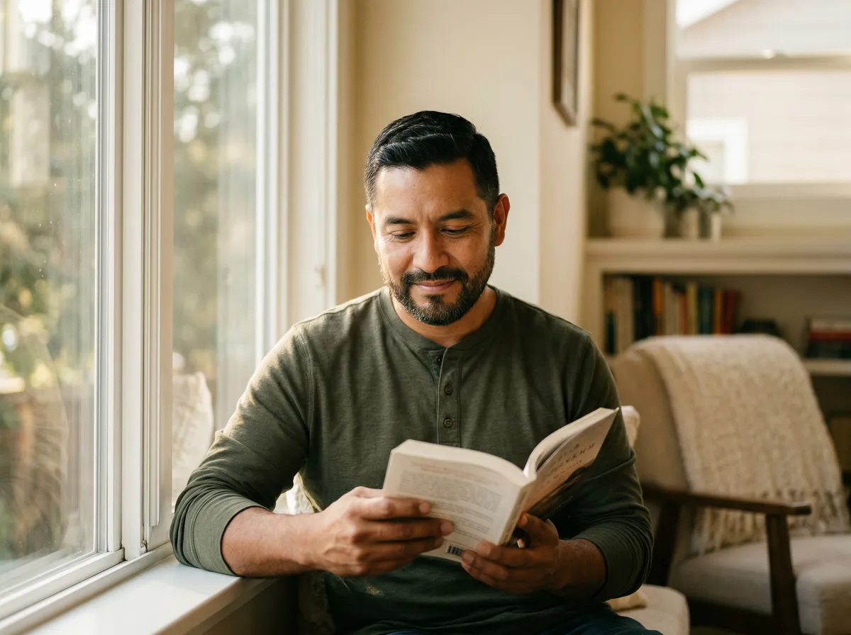 Man reading a book in a cozy window seat with warm natural light