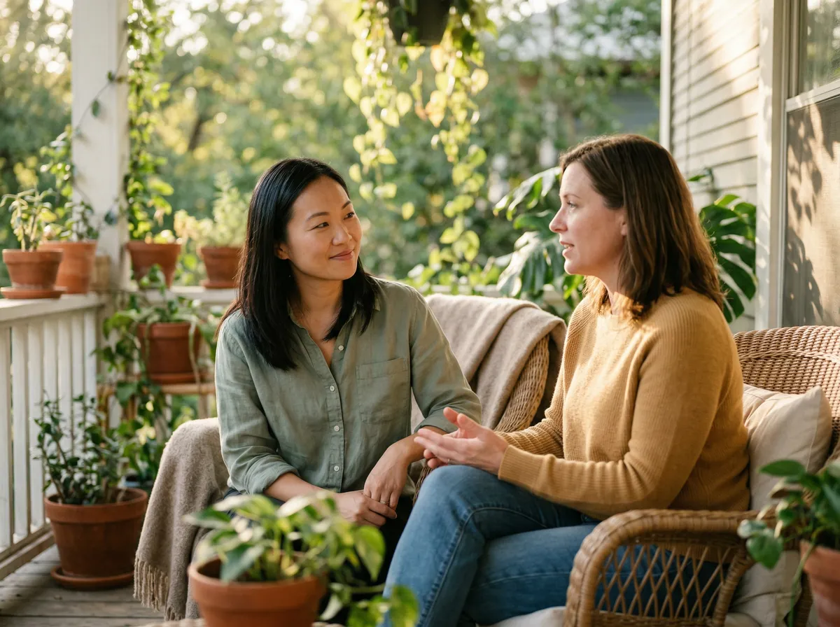 Two women having a supportive conversation on a porch surrounded by plants