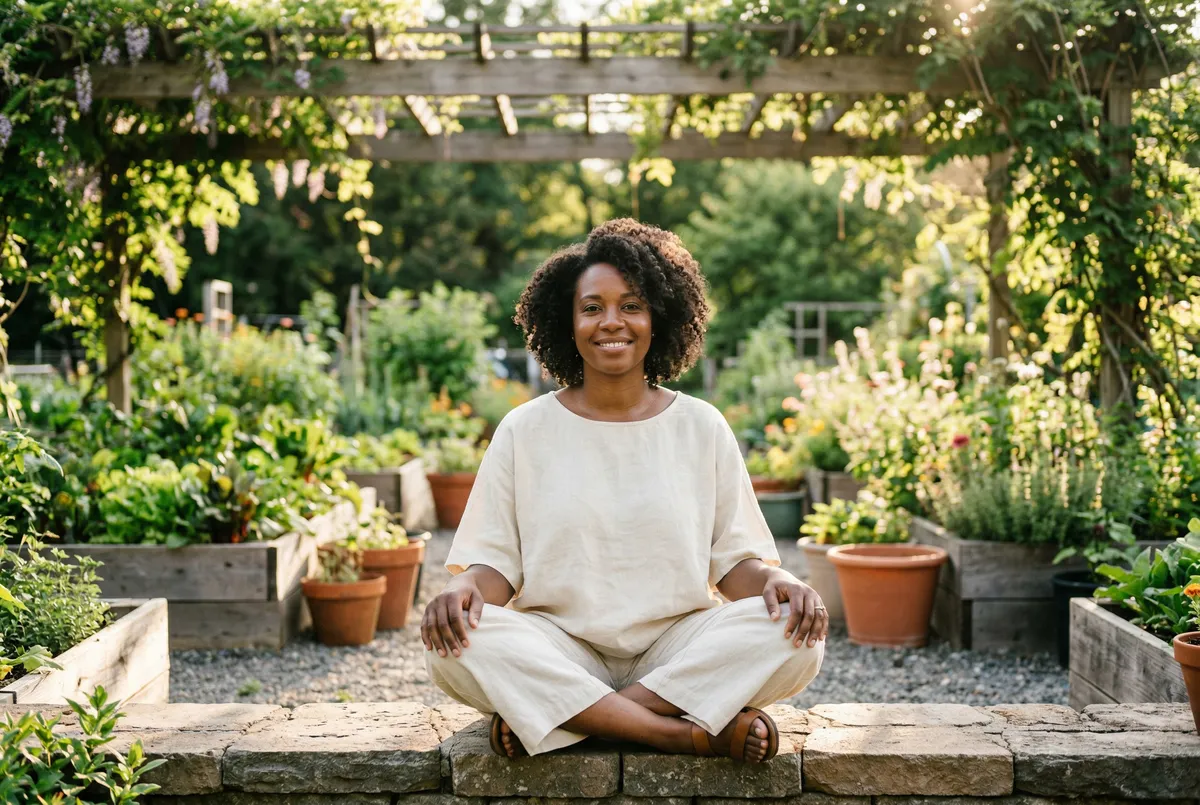 Woman sitting peacefully in a community garden on a sunny afternoon