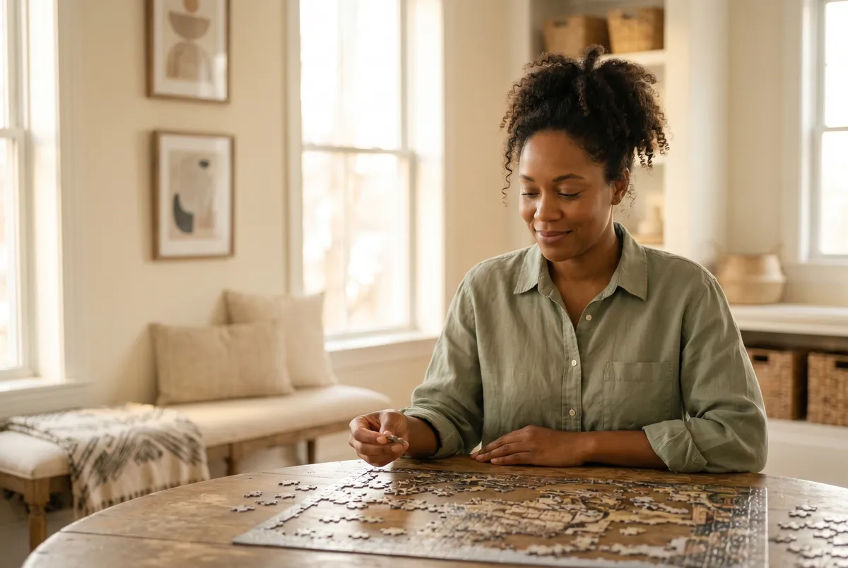 Woman working on a jigsaw puzzle at a sunlit table in a calm, bright living space