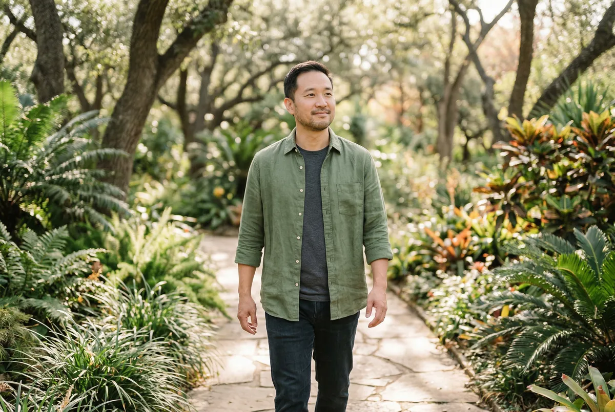 Man walking along a botanical garden path surrounded by lush greenery in morning light