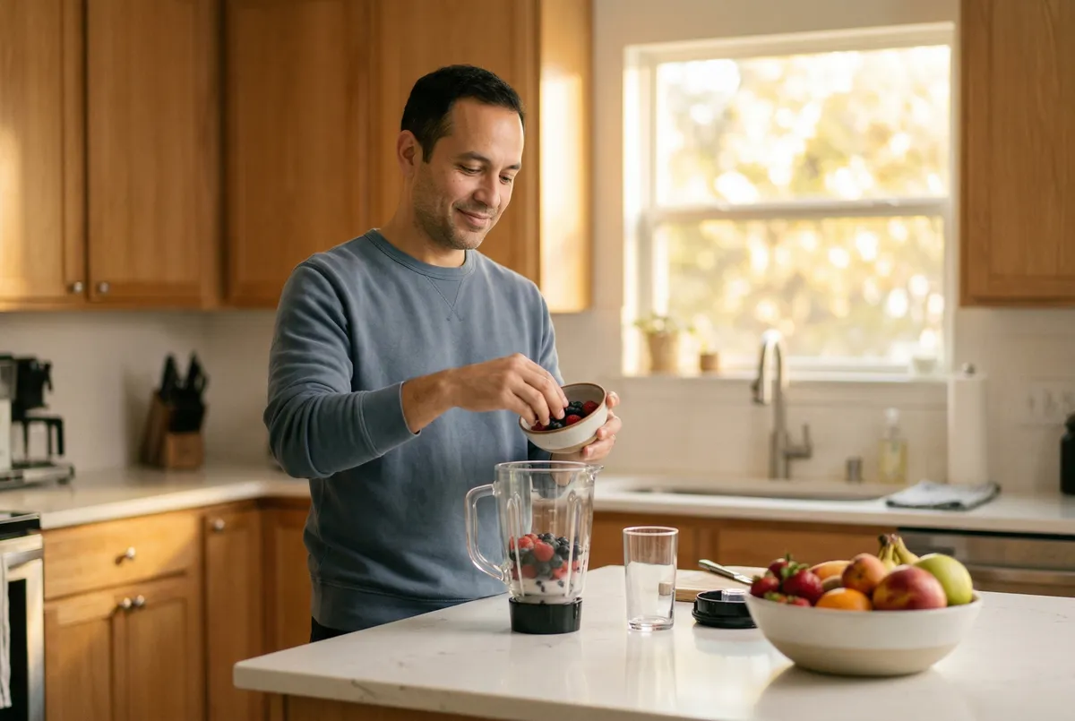 Man preparing a smoothie in a bright kitchen with morning light