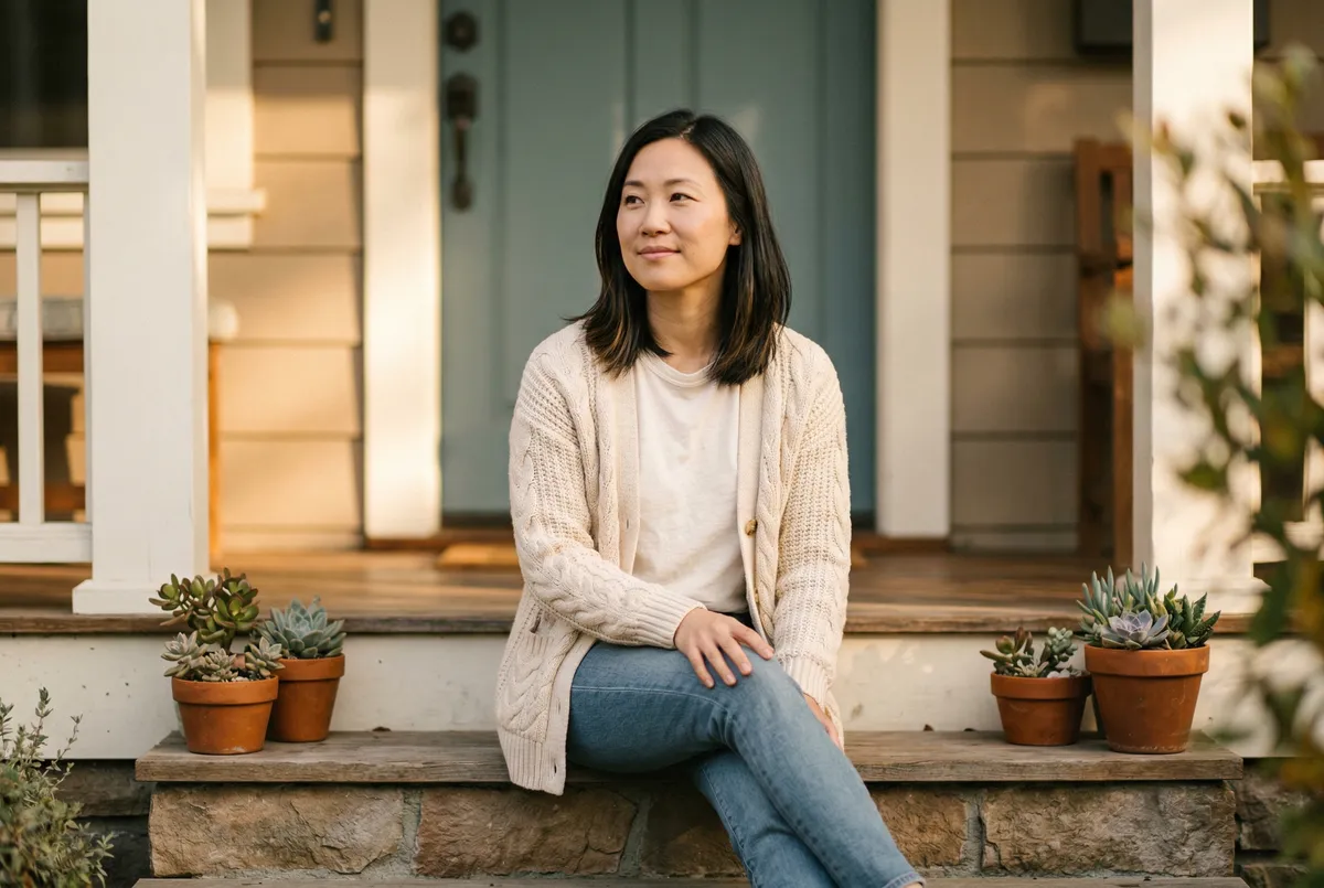 Woman sitting on the front steps of a bright house with a blue-green door, looking forward with a calm expression
