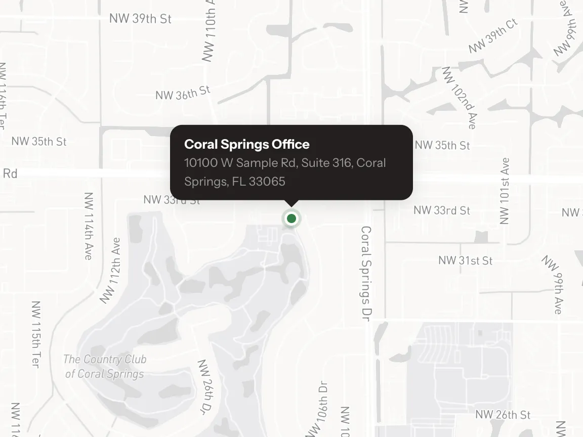 Map showing the CARMAhealth Coral Springs office at 10100 W Sample Rd, Suite 316