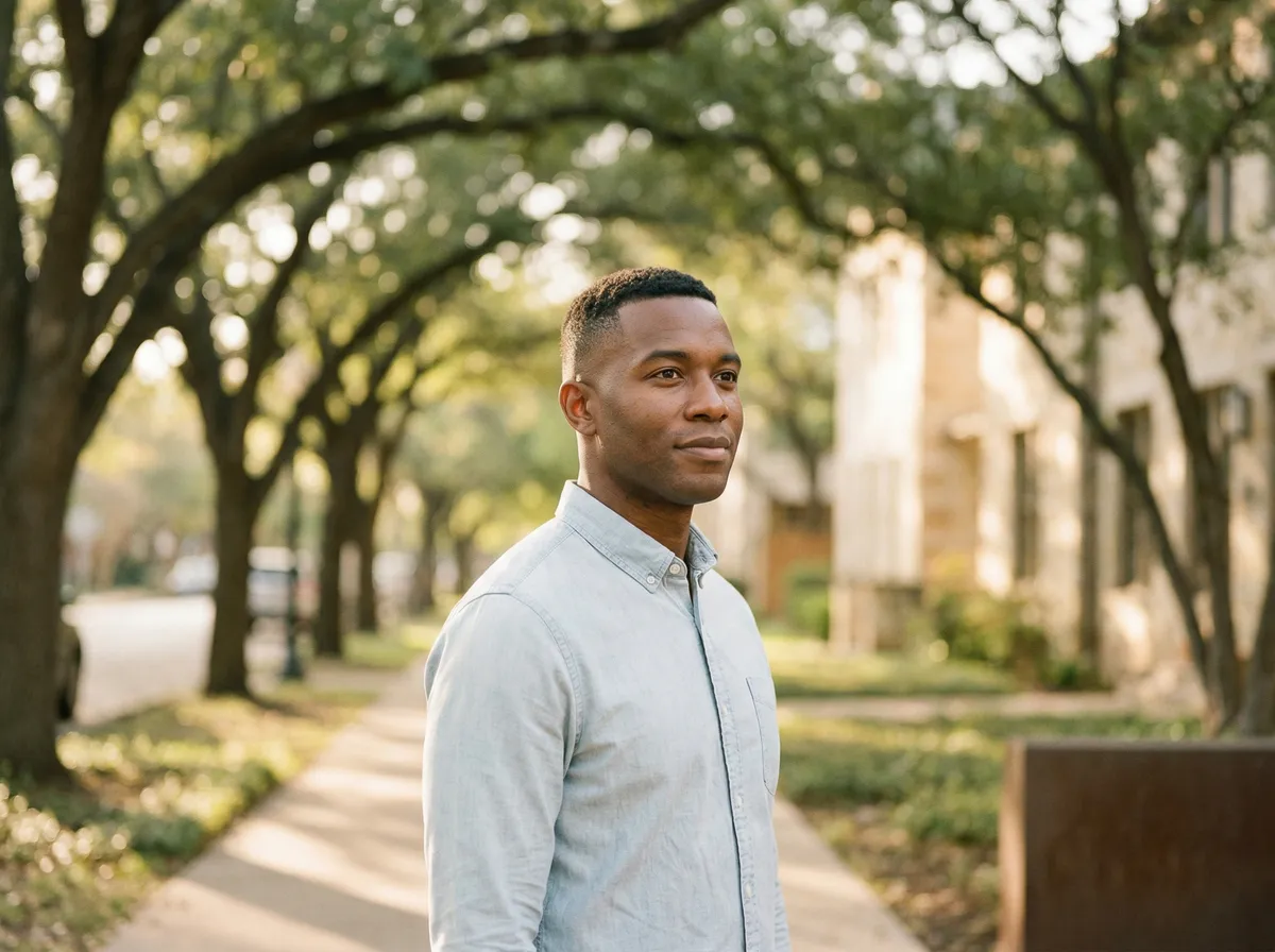 Man standing on a tree-lined sidewalk in Central Austin with live oaks and limestone buildings