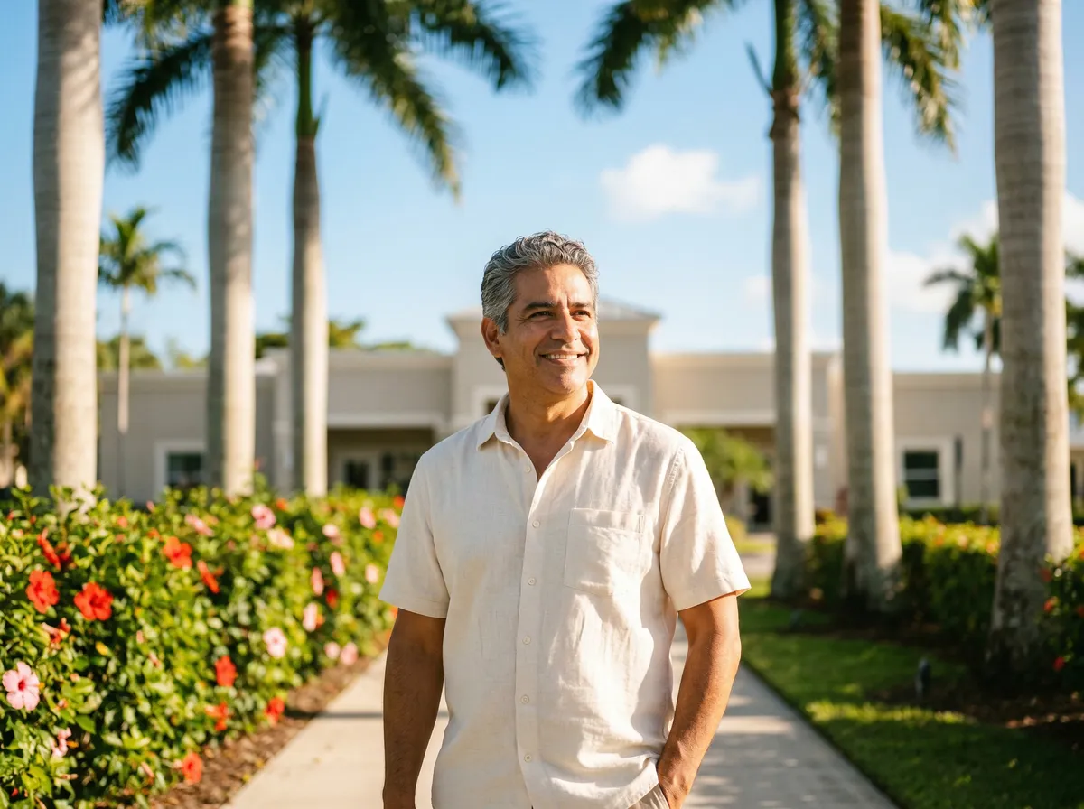 Man standing on a palm-lined walkway in Coral Springs, South Florida