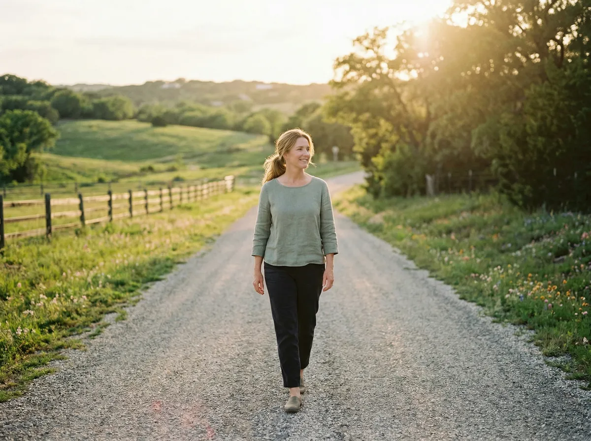 Woman walking along a gravel road in the Texas Hill Country near Dripping Springs