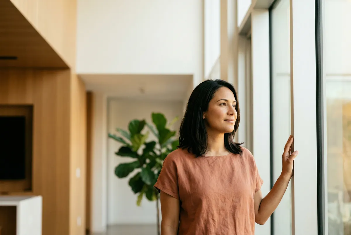 Woman standing by a window in a bright modern atrium
