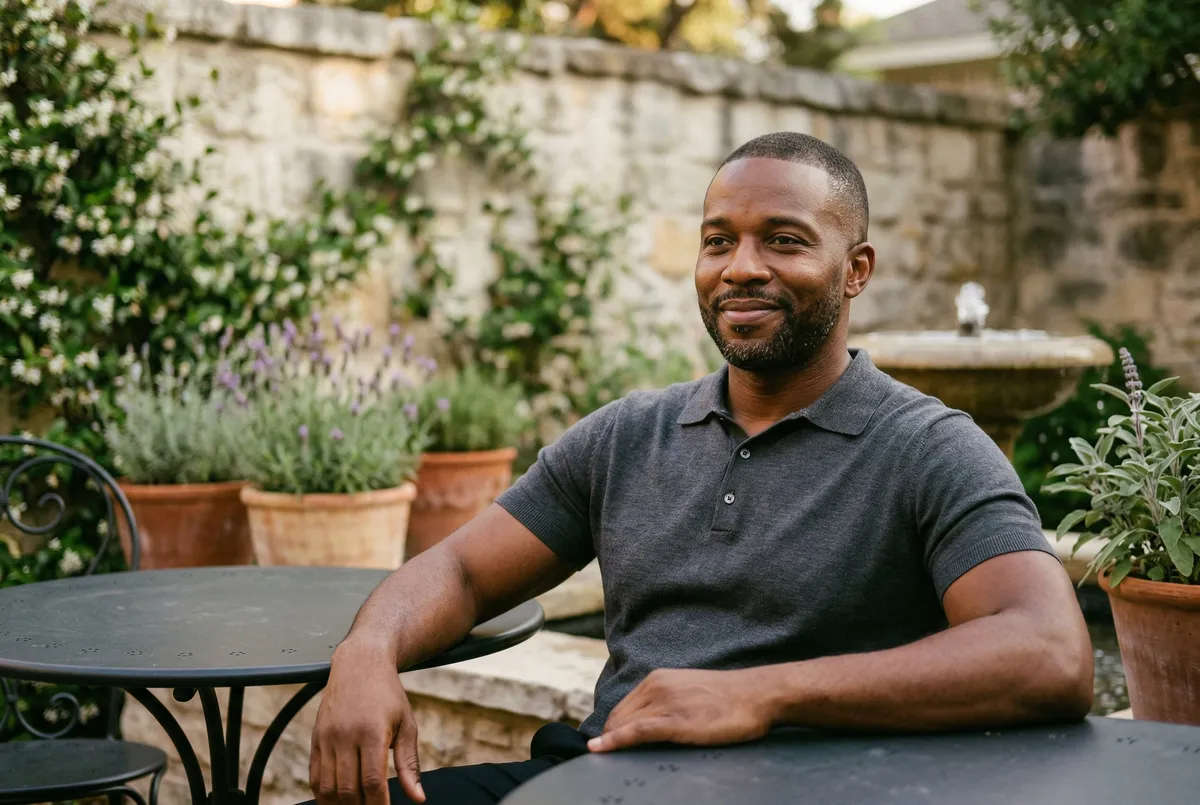 Man sitting comfortably at a courtyard bistro table surrounded by climbing jasmine and lavender planters