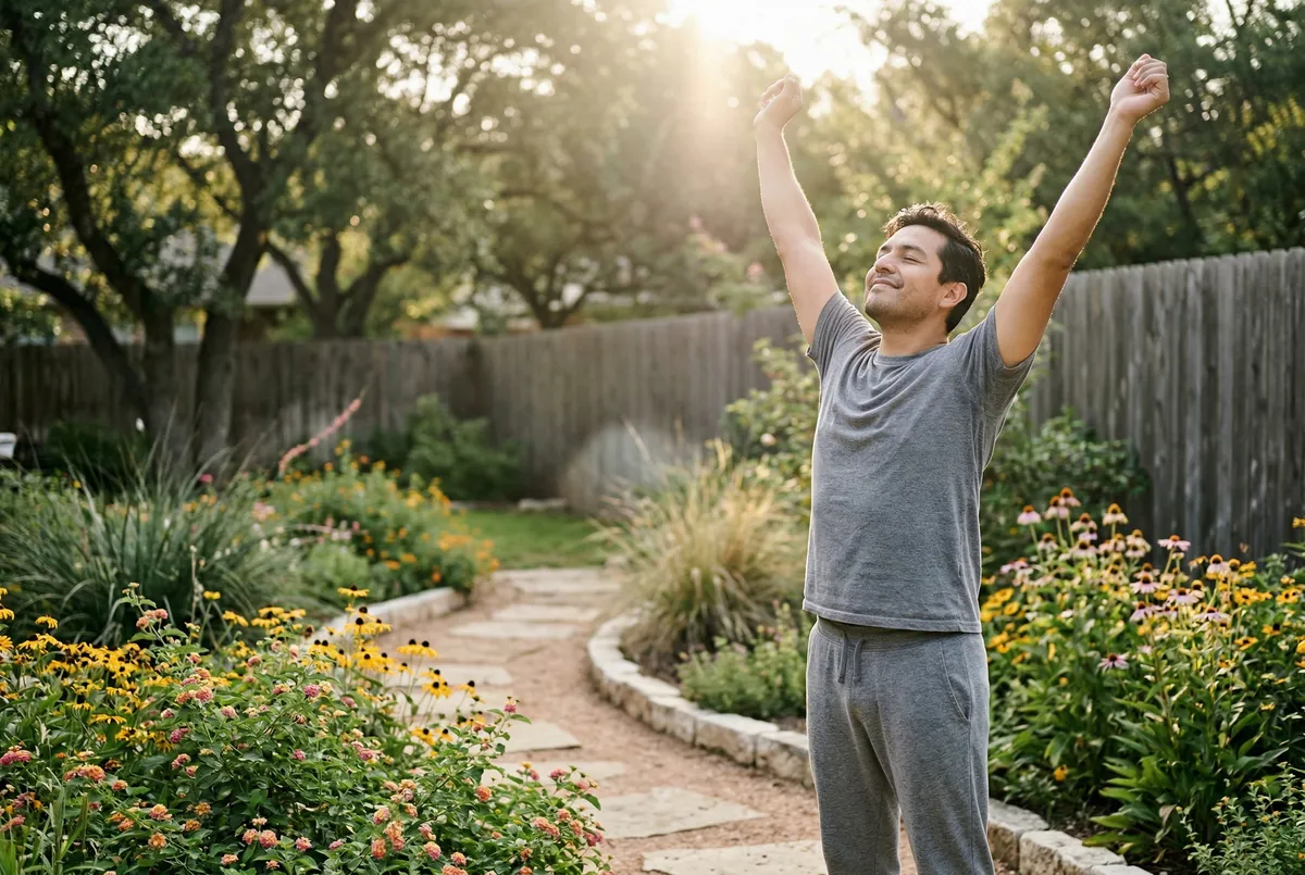 Man stretching outdoors on a garden path surrounded by wildflowers in morning light