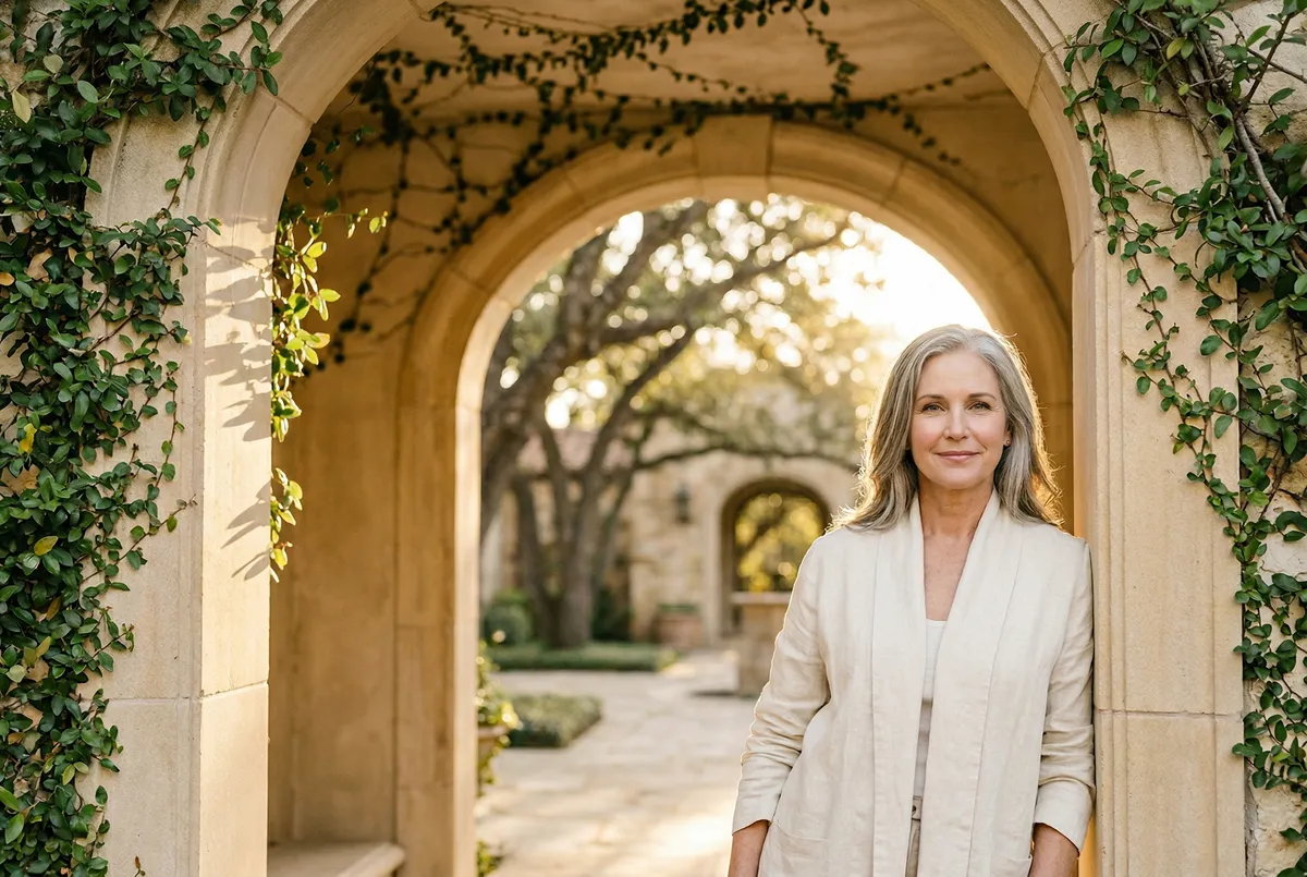Woman standing in a sunlit stone archway covered with climbing ivy, smiling with a content expression