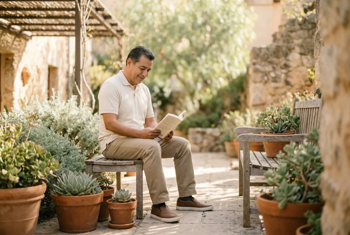 Man reading a book on a bench in a sunny courtyard with potted plants