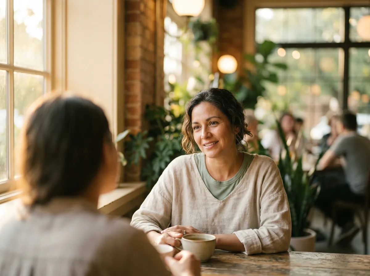 Woman having a warm, supportive conversation in a sunlit cafe