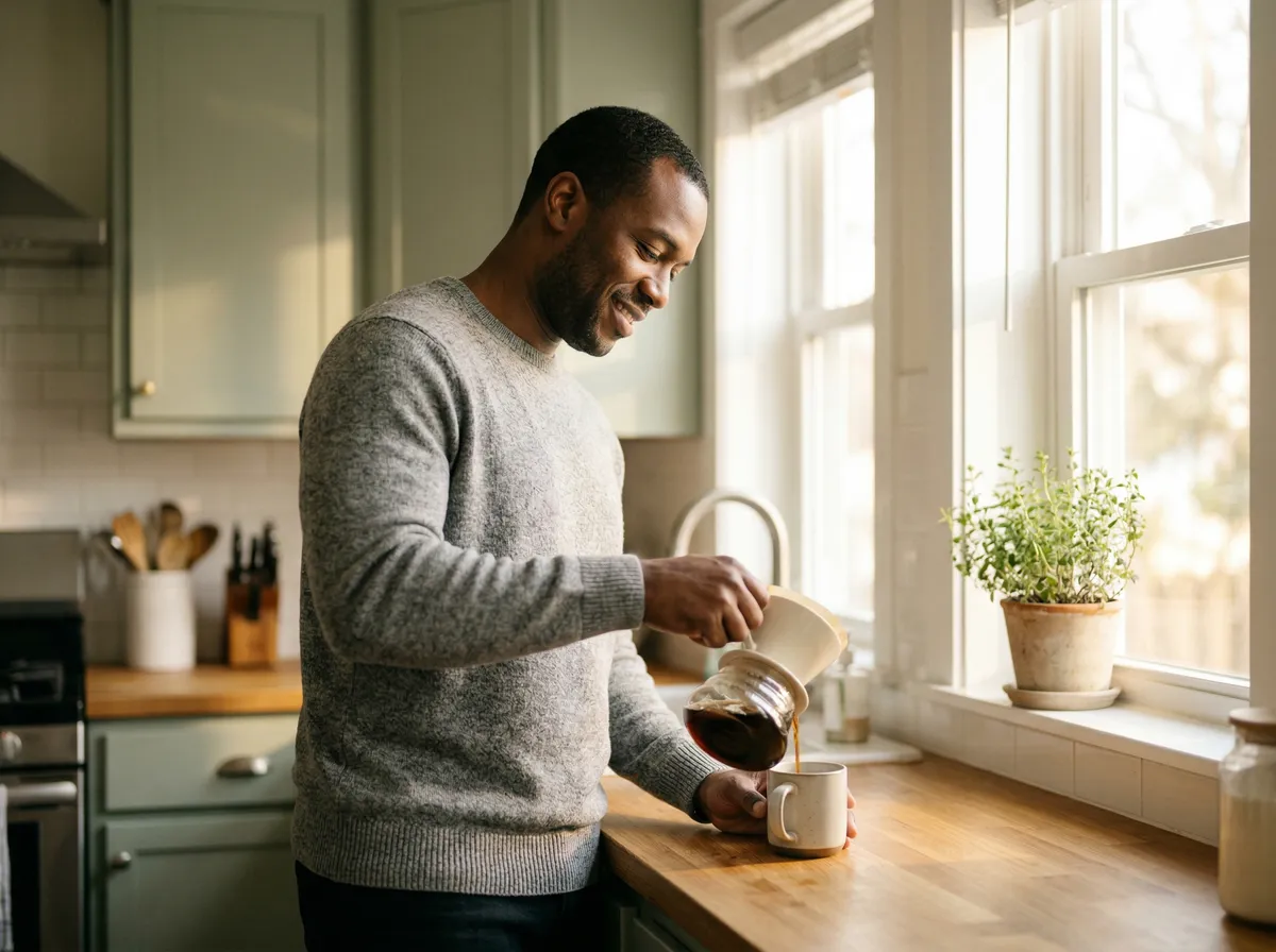 Man enjoying a relaxed morning routine pouring coffee in a bright kitchen