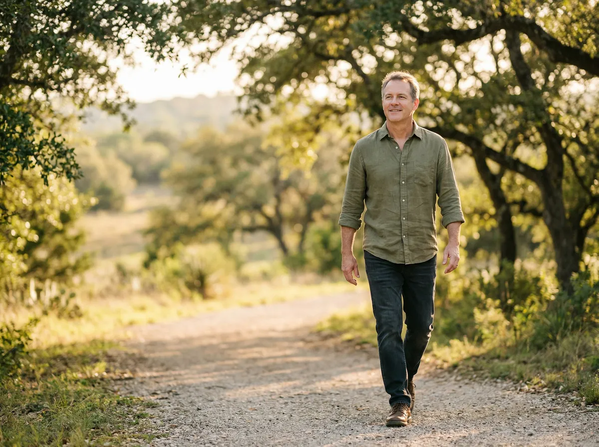 Man walking confidently along a sunlit hill country trail