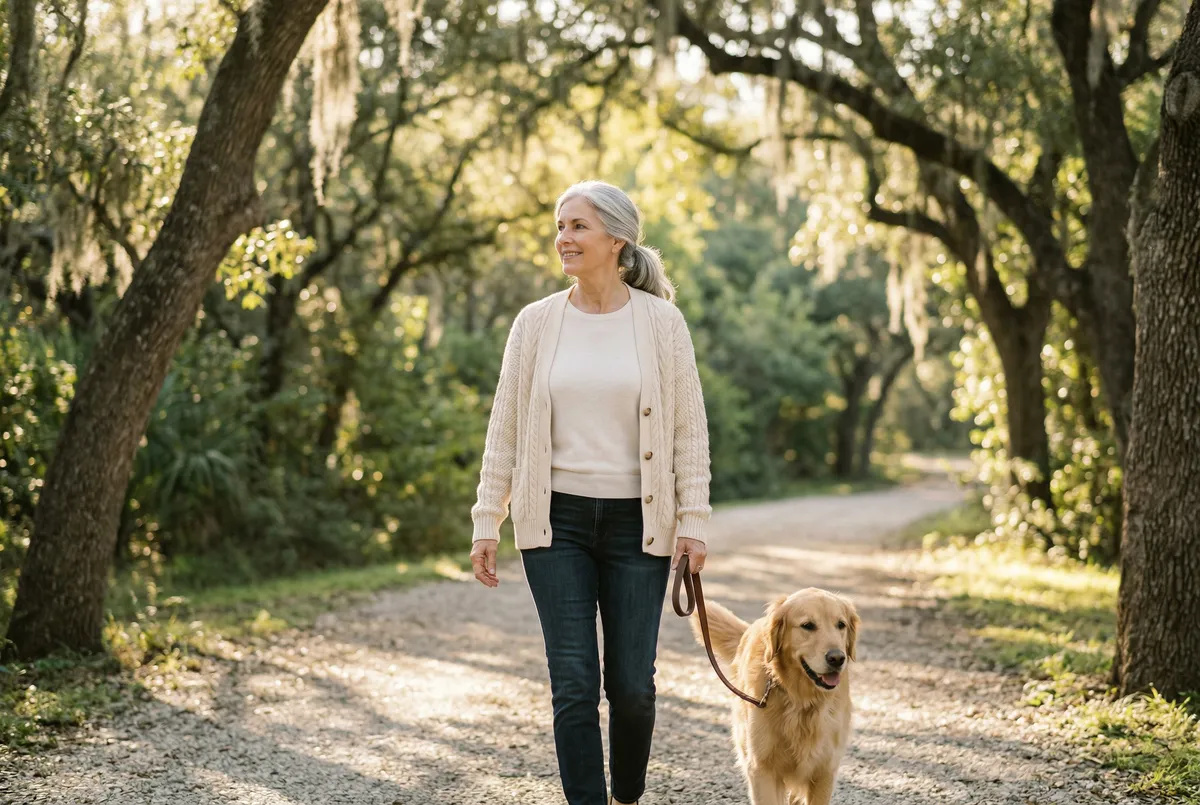Woman with silver hair walking a golden retriever along a shaded gravel trail in morning light