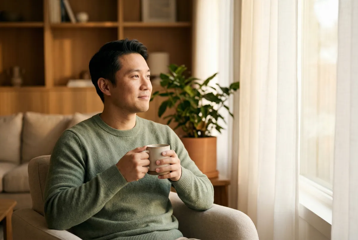 Man relaxing with a cup of tea by a sunlit window