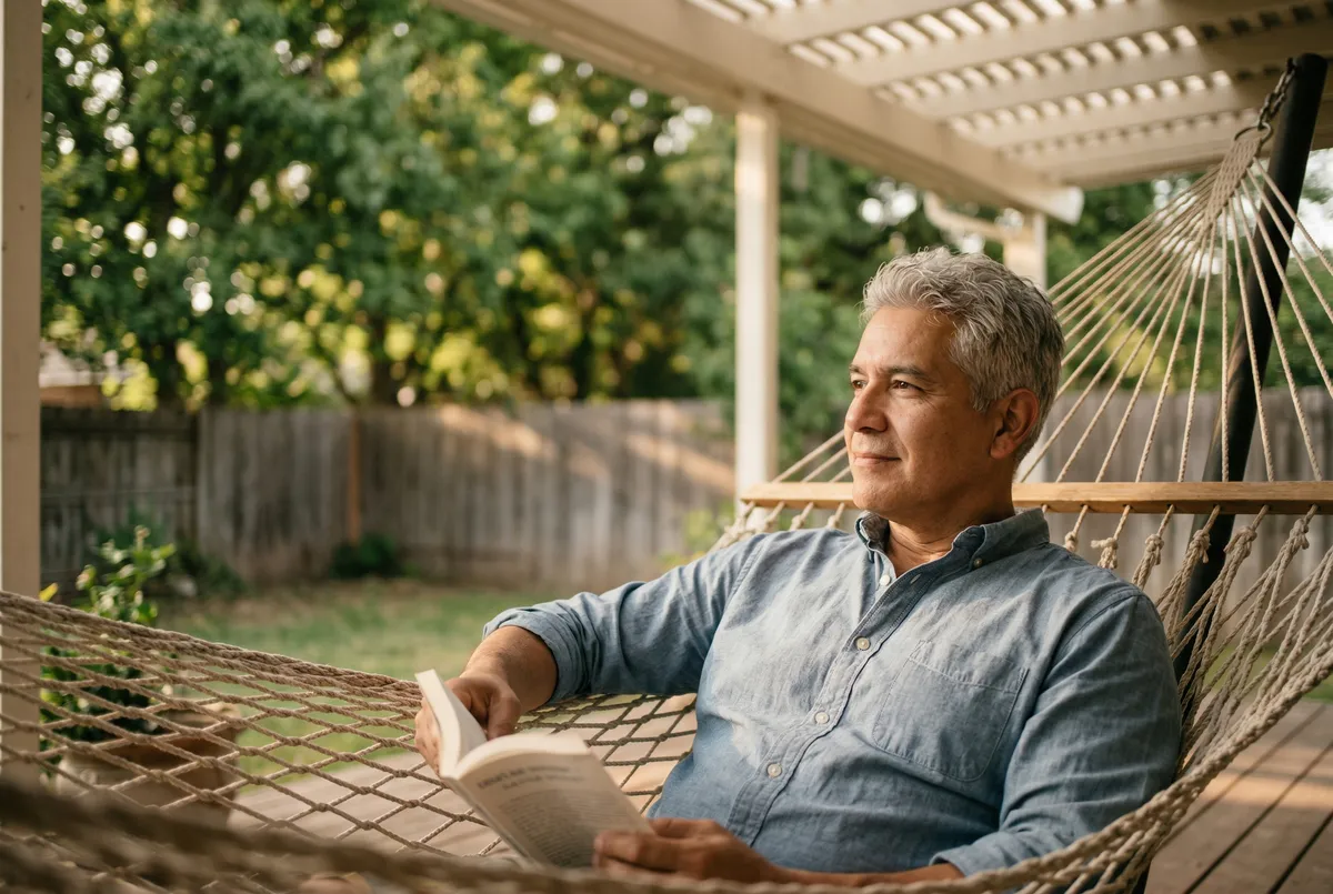 Man relaxing in a hammock on a covered porch, holding a book with a content expression
