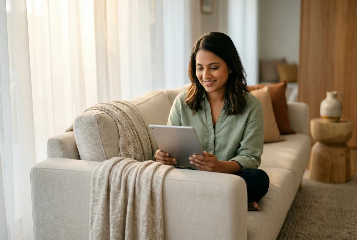Woman sitting on a couch at home, smiling while using a tablet for a telehealth appointment