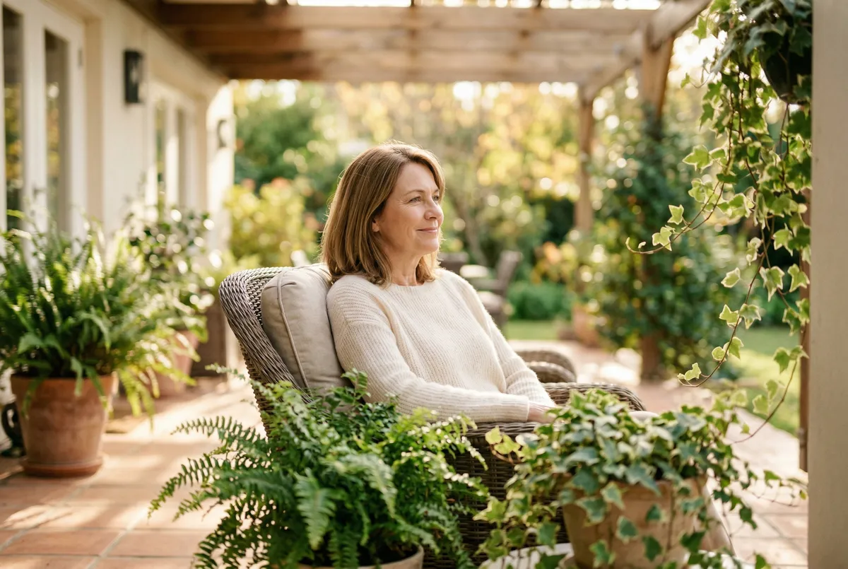 Woman sitting comfortably on a sunlit patio surrounded by greenery